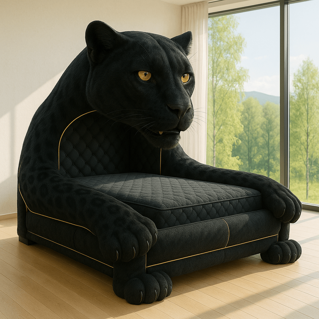 Black panther-shaped luxury bed with golden eyes in a minimalist bedroom.