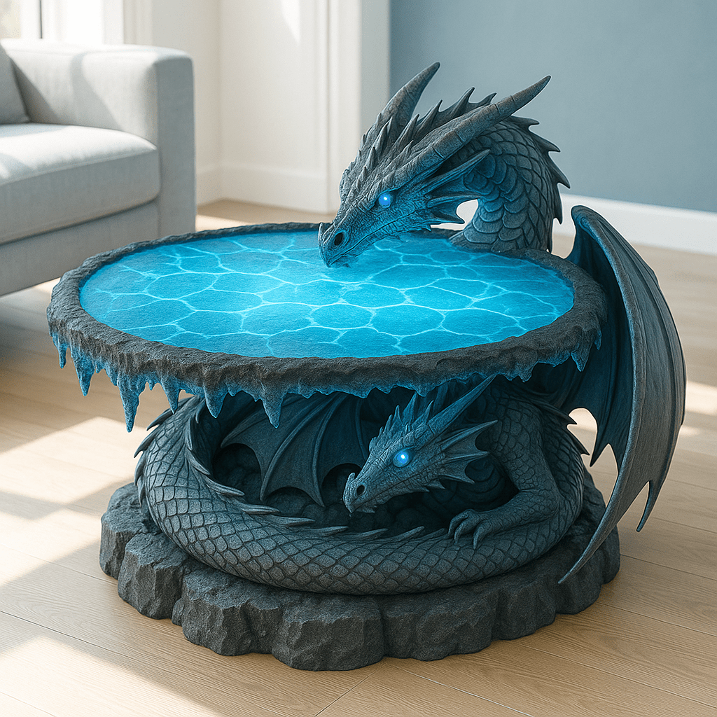 Sculptural dragon coffee table featuring a bright blue water-effect tabletop and glowing blue dragon eyes.