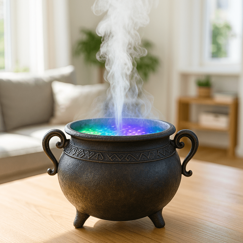 A cauldron diffuser with multicolour glowing lights and mist rising from the centre.