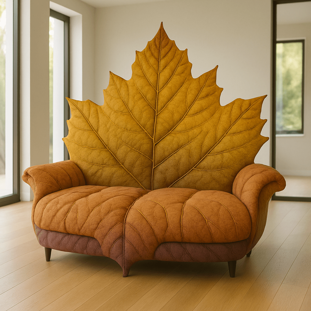 Golden-yellow leaf-shaped sofa design bringing autumn warmth to a modern living space.