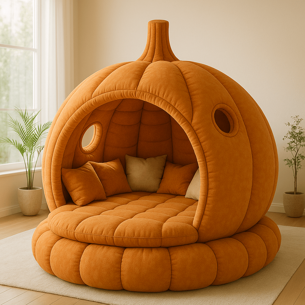 Bright orange pumpkin-shaped bed with neutral cushions in a modern interior