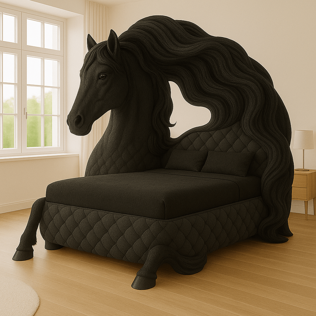Black horse-shaped bed with quilted fabric design and flowing sculpted mane in a contemporary bedroom.