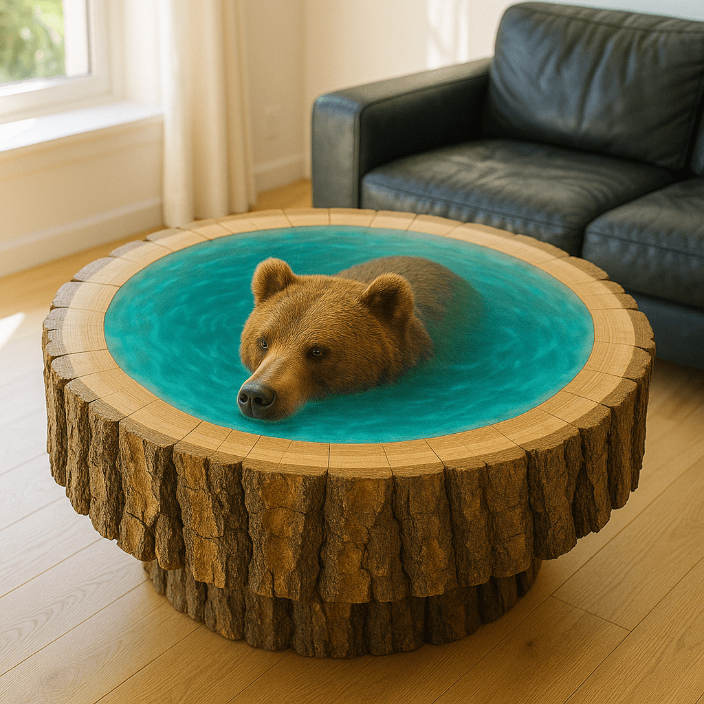 Bear coffee table with detailed bear head floating in turquoise resin water, log-style wooden base.