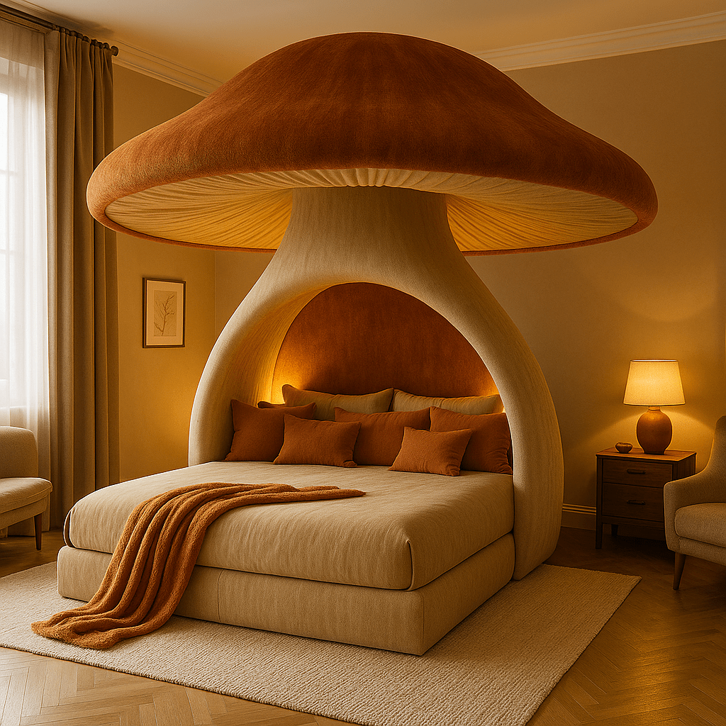 Inviting amber mushroom bed with warm lighting and earthy interior decor.