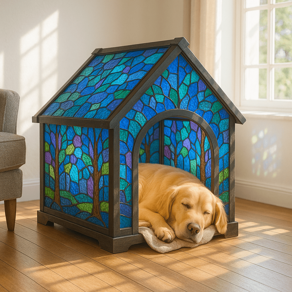 Golden Retriever sleeping inside a stained glass dog house featuring blue and purple leaf patterns.