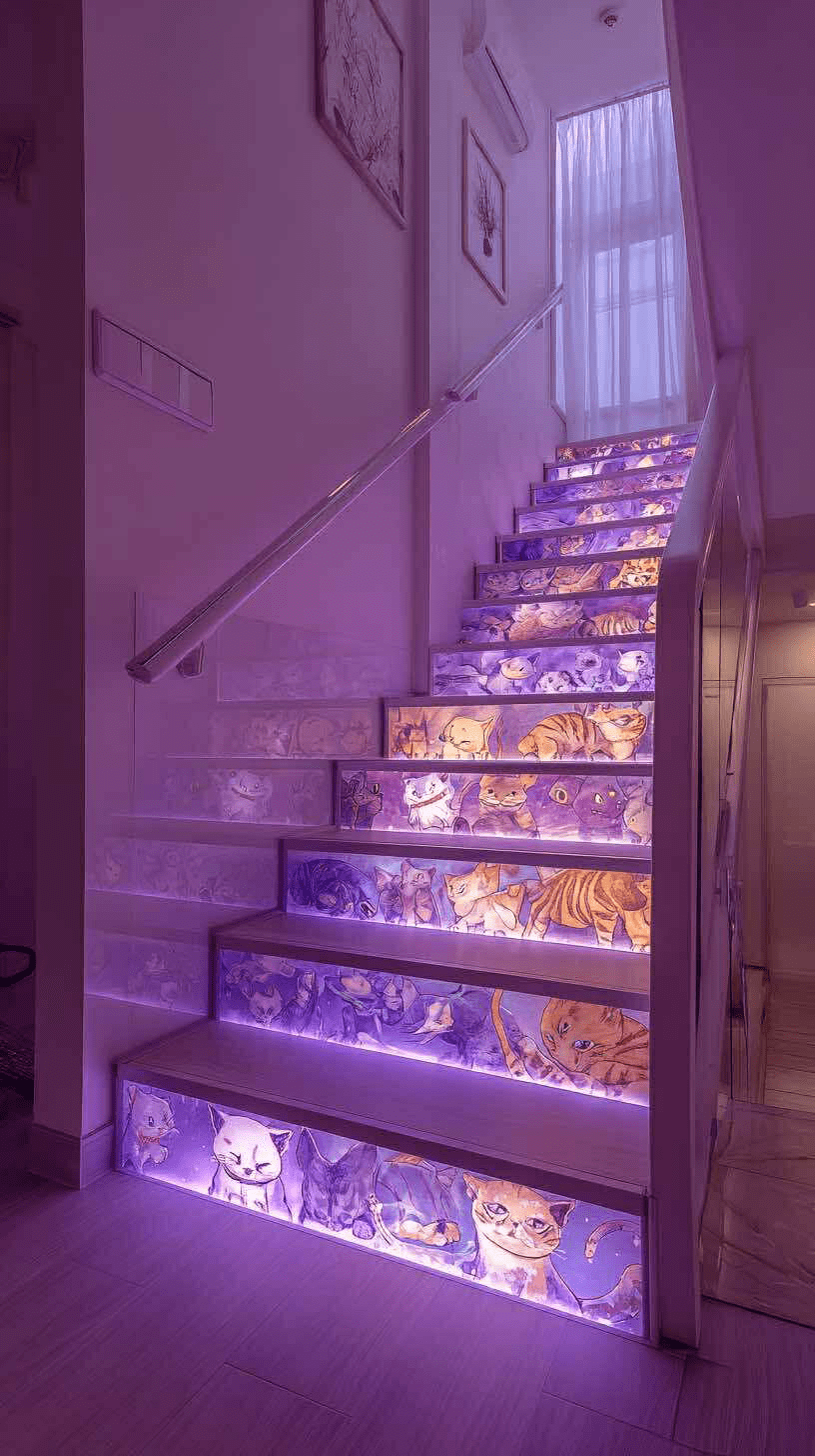 Staircase with purple LED lighting and whimsical cat illustrations