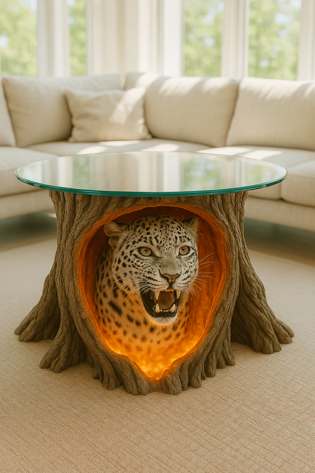 Animal coffee table with leopard head sculpture glowing inside tree trunk style base