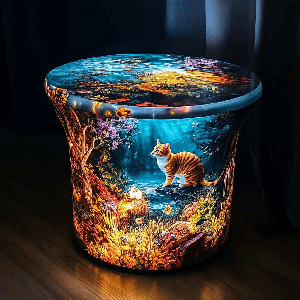 Fantasy coffee table with ginger cat in glowing woodland forest design.