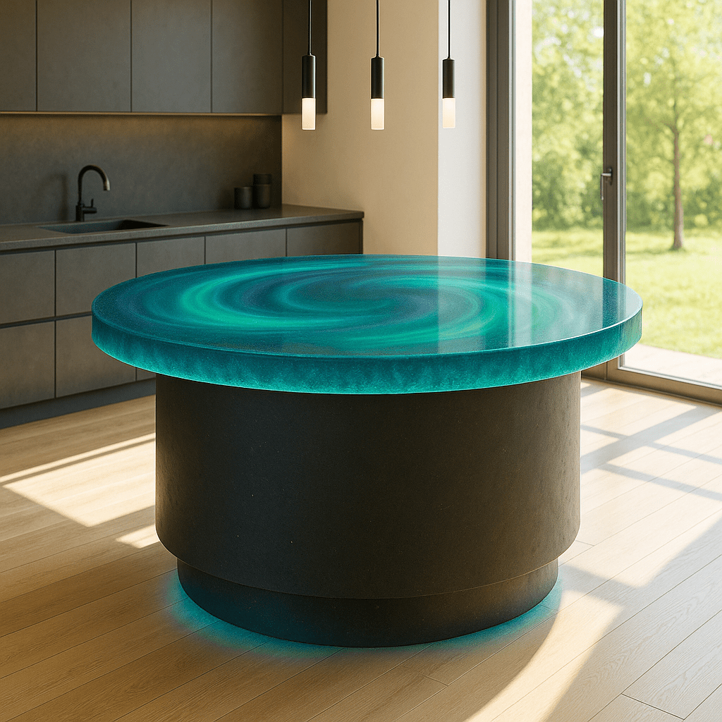 A circular kitchen island glowing with turquoise aurora patterns in a modern kitchen setting.
