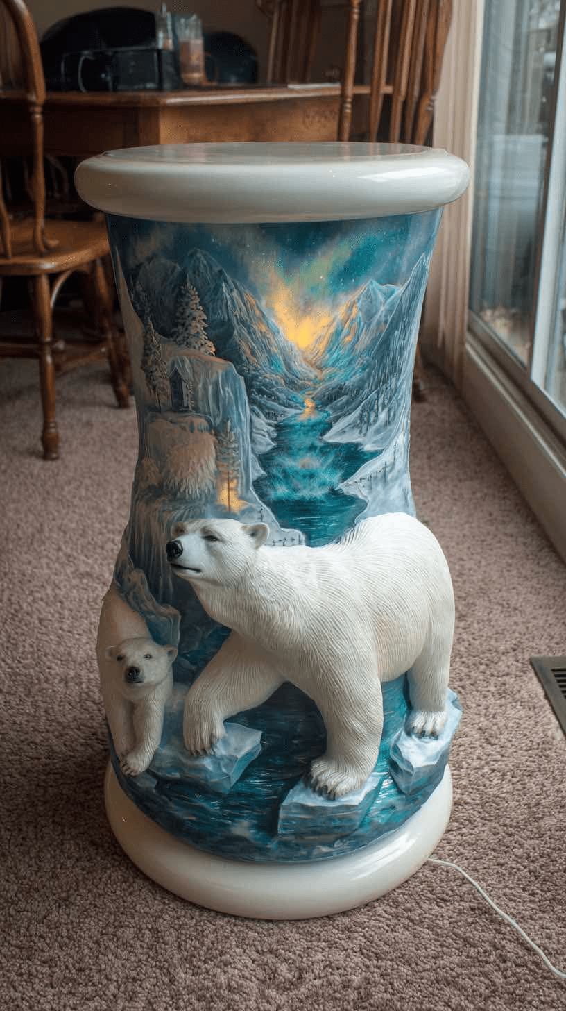 Tall polar bear table with cub and Aurora Borealis ice landscape