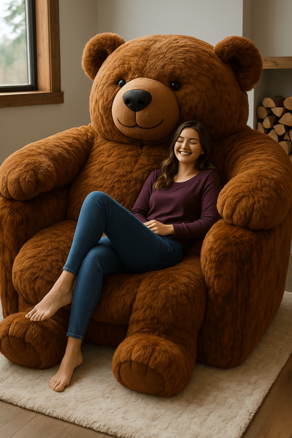 Woman relaxing on oversized brown teddy bear chair with warm décor