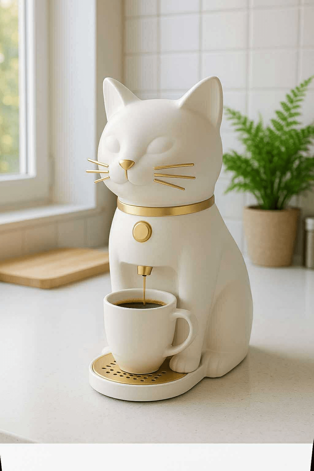 White cat coffee machine with golden whiskers brewing coffee into a white mug.