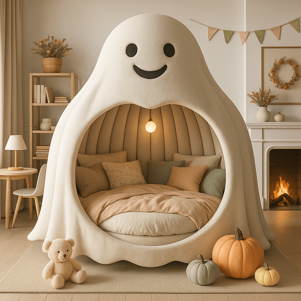 Ghost-shaped Halloween bed with smiling face and cosy cushioned interior.