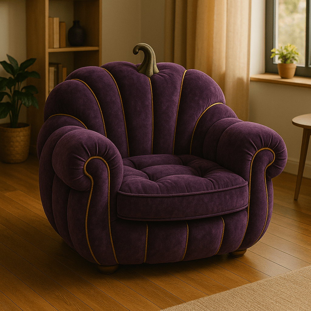 Deep purple pumpkin-inspired armchair with golden piping in a stylish living room corner.