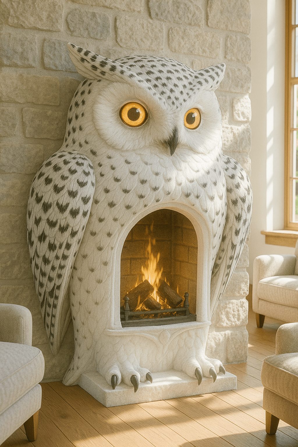Fireplace shaped like a spotted owl with glowing eyes and detailed feather patterns, adding whimsical charm to living space