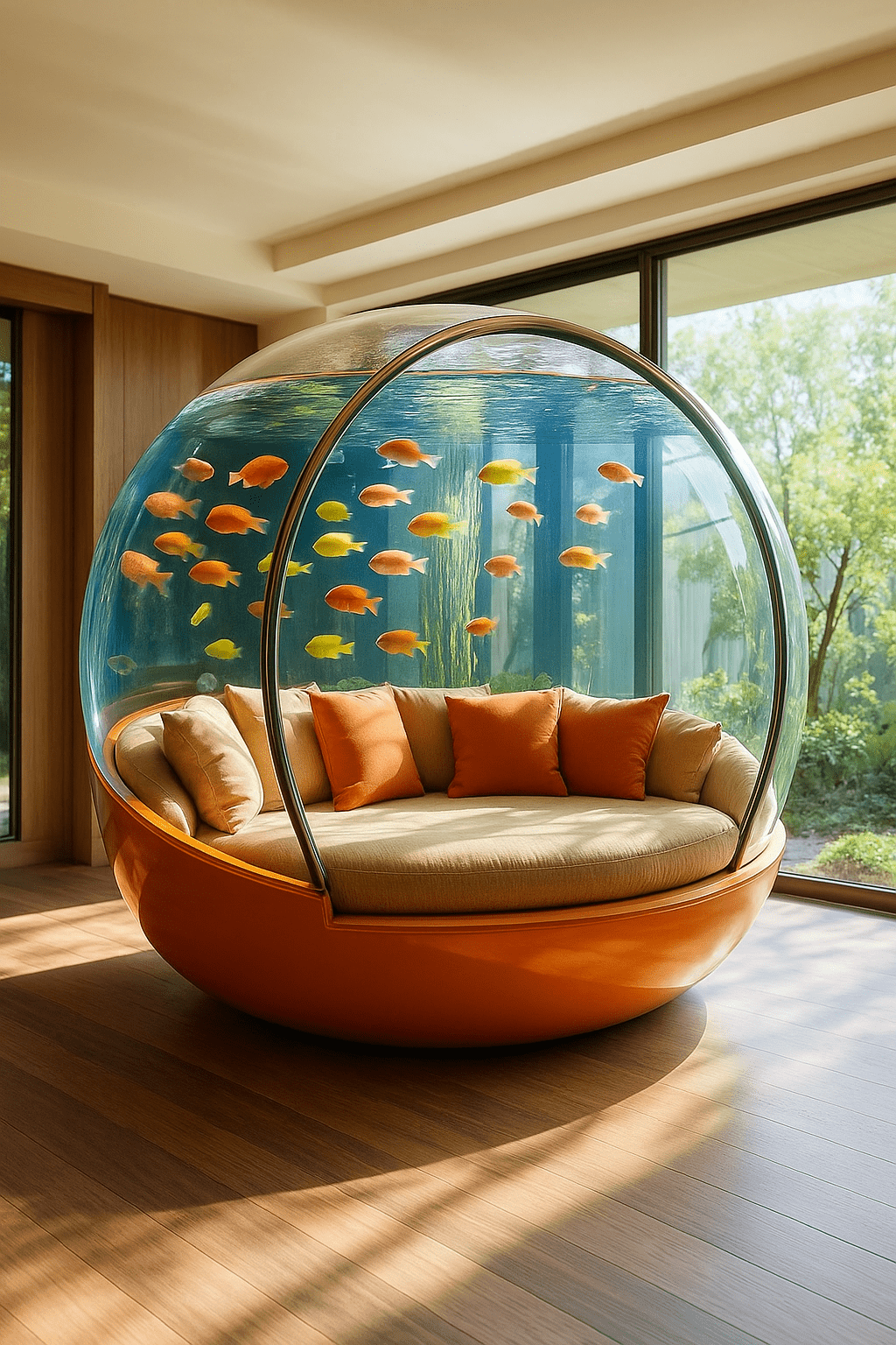 Bold orange aquarium lounger pod with tropical fish and orange cushions in a bright interior.
