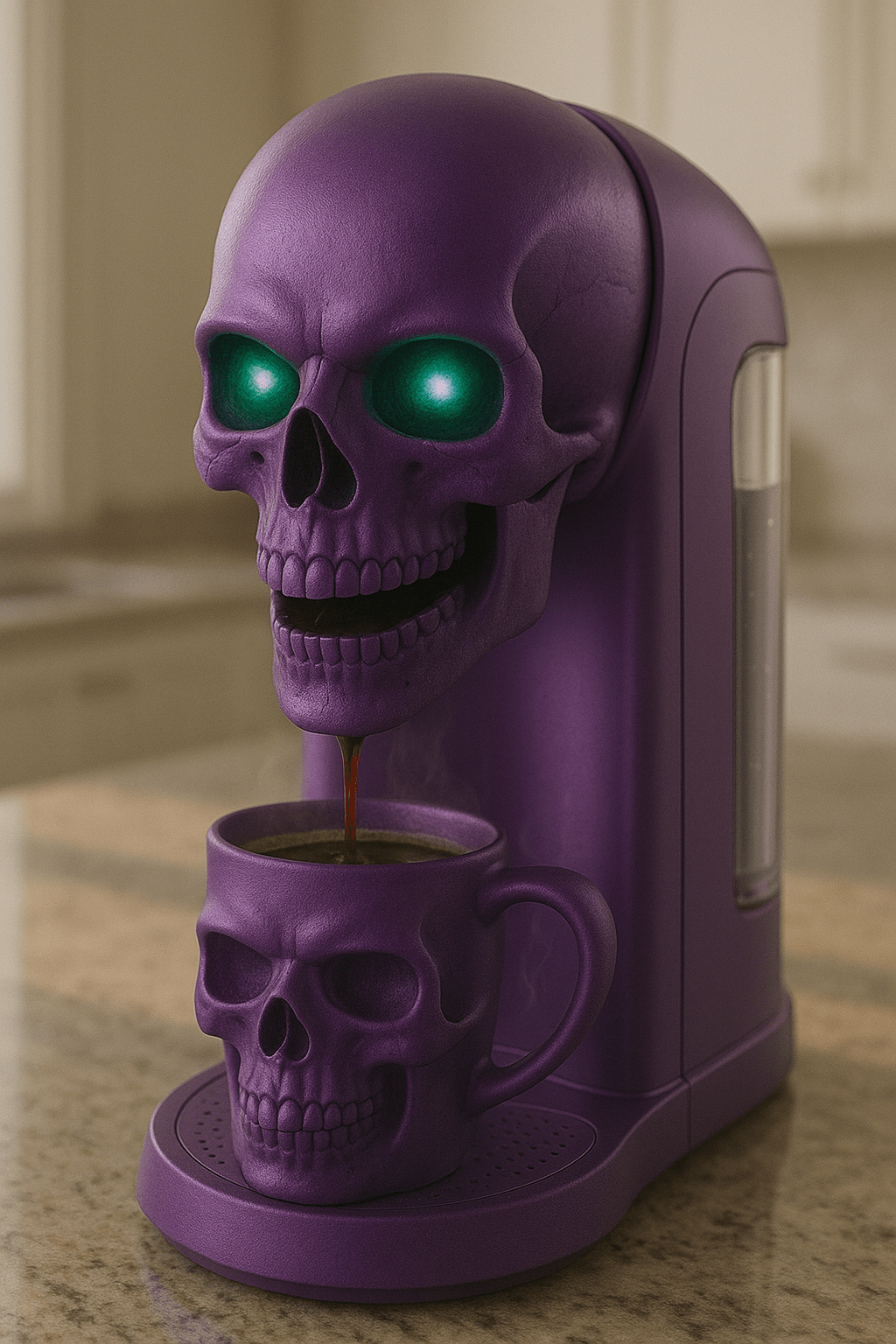 Purple skull coffee maker with glowing green eyes pouring coffee into a skull-shaped mug.