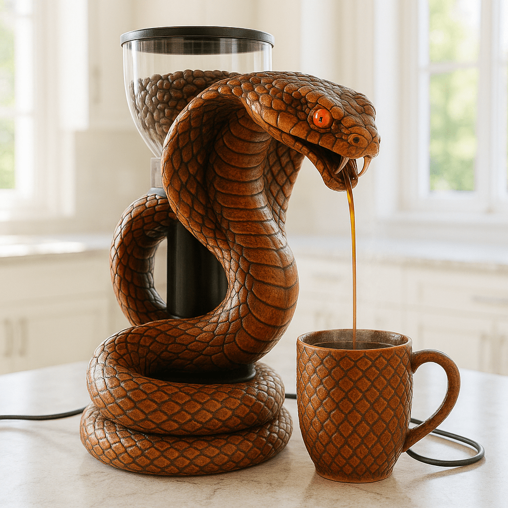 Burnt orange cobra-themed coffee maker pouring steaming coffee into a matching orange textured mug.