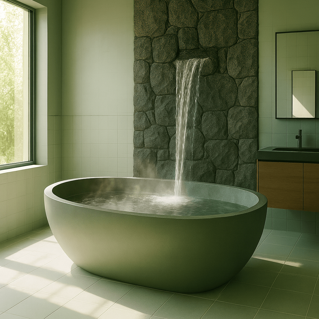 Green waterfall bathtub with stone wall in serene spa-inspired bathroom