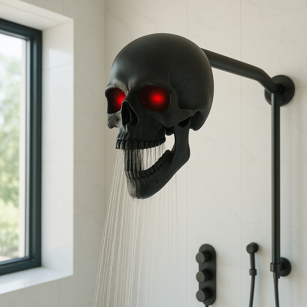 A matte black skull shower head with glowing red eyes in a sleek, modern bathroom.
