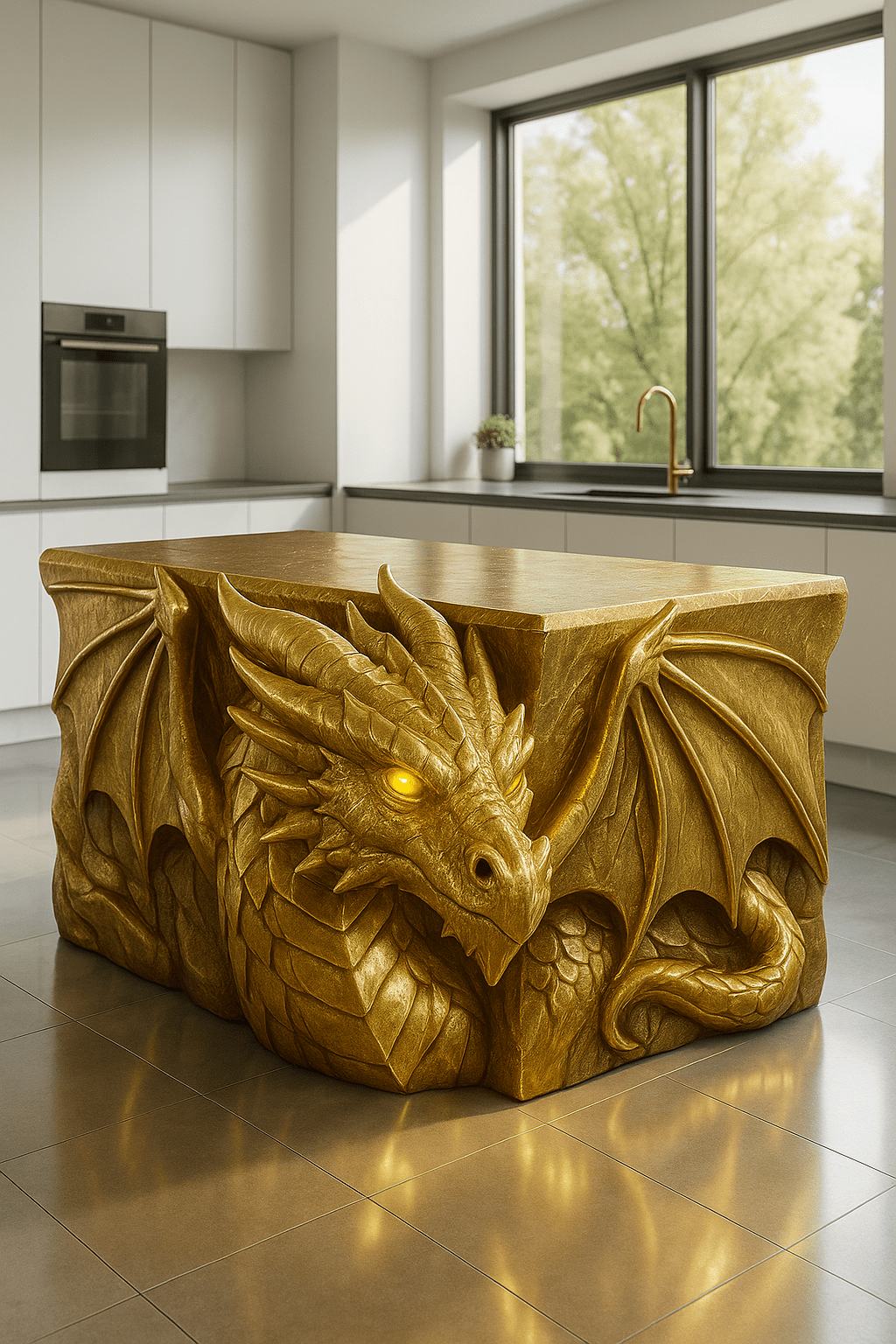 Luxurious golden dragon kitchen island with glowing amber eyes in a bright modern kitchen.
