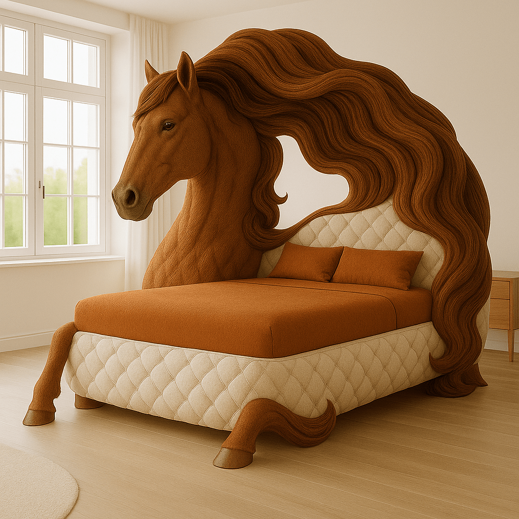 Horse-shaped bed in deep chestnut brown with quilted design and matching bedding in a modern bedroom.