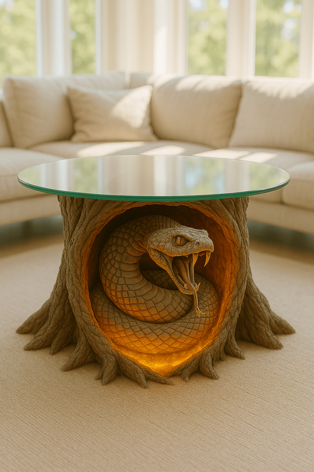 Round glass coffee table showcasing a coiled snake within an illuminated tree trunk base.