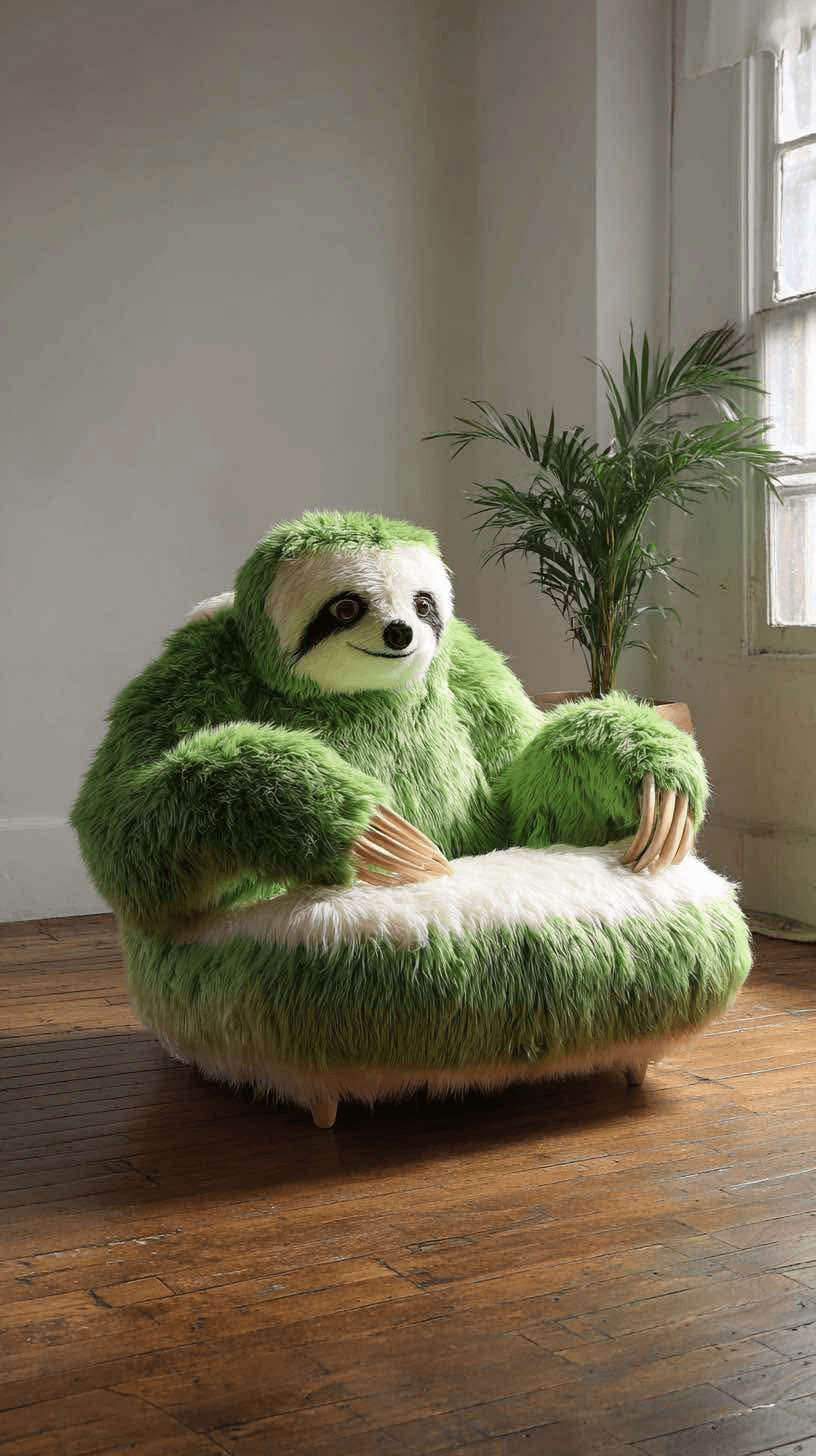 Bright green sloth armchair with faux fur design in a wooden-floor room.