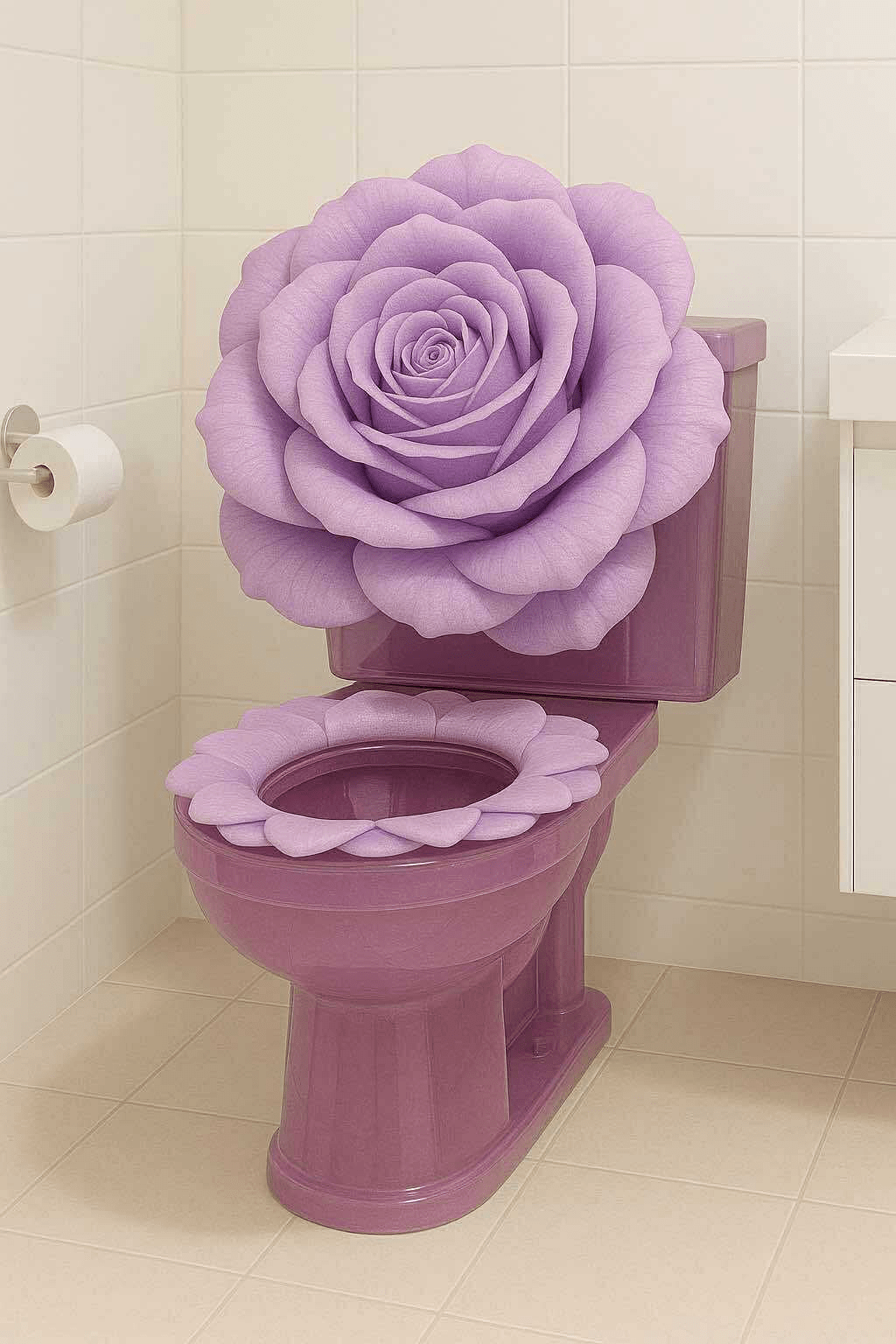 Purple rose-inspired toilet with petal seat and rose lid in soft lavender