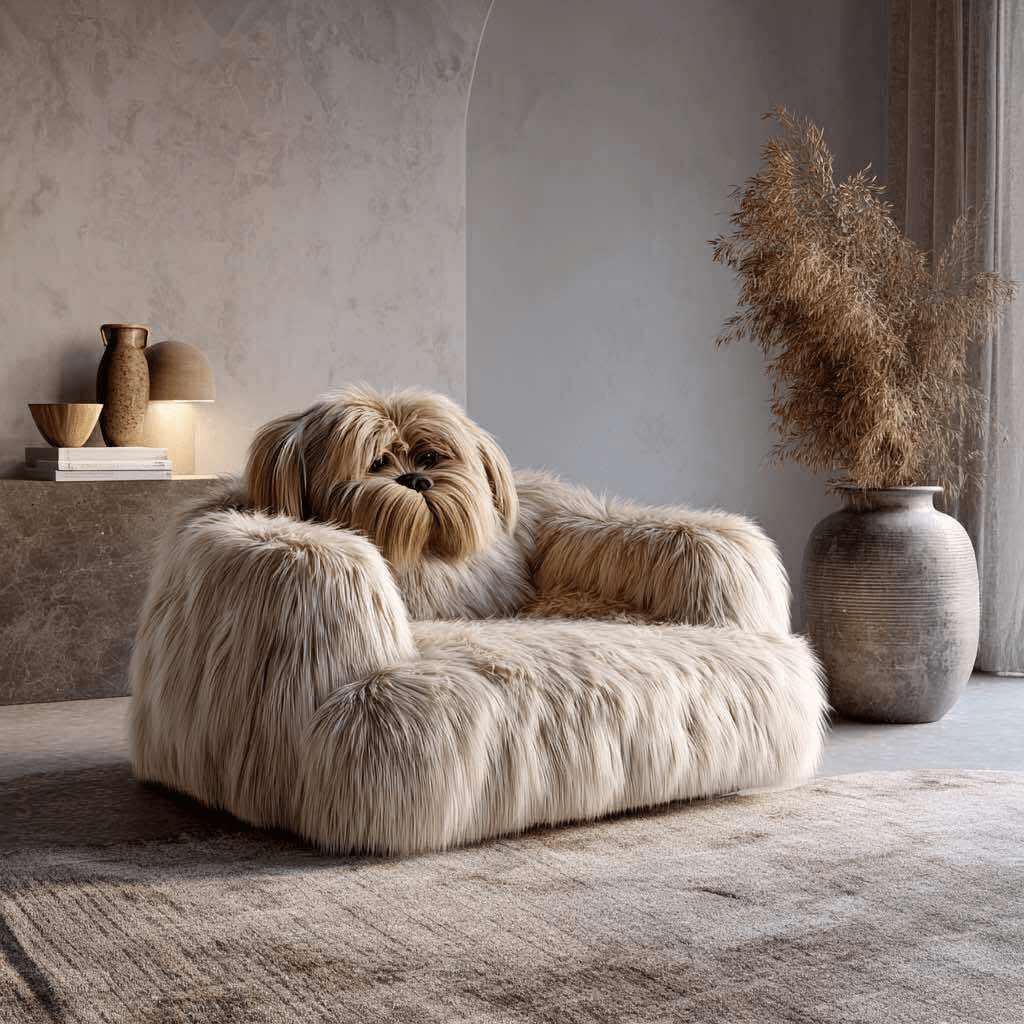 Beige dog-shaped sofa with fluffy upholstery resembling a Shih Tzu in a cosy modern interior.