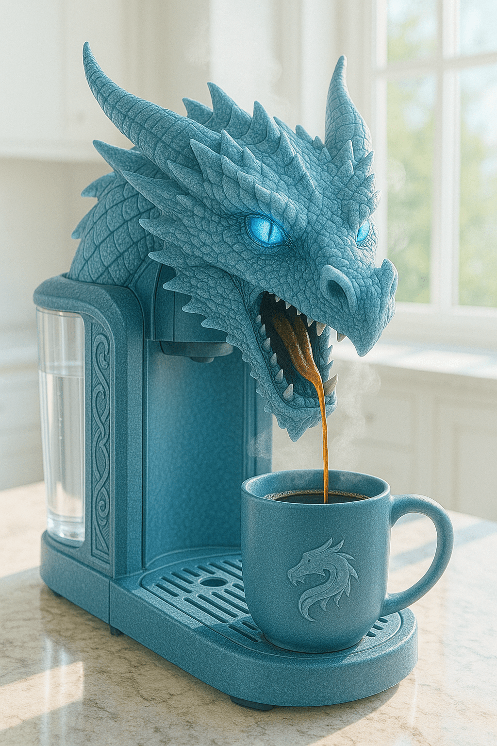 A blue dragon coffee machine with glowing blue eyes pouring coffee into a matching blue dragon mug.