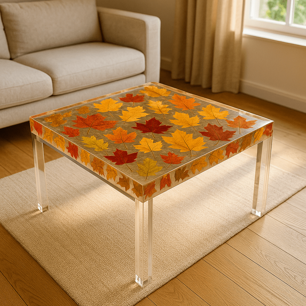 Square resin coffee table featuring preserved autumn leaves with transparent legs in a modern living room.