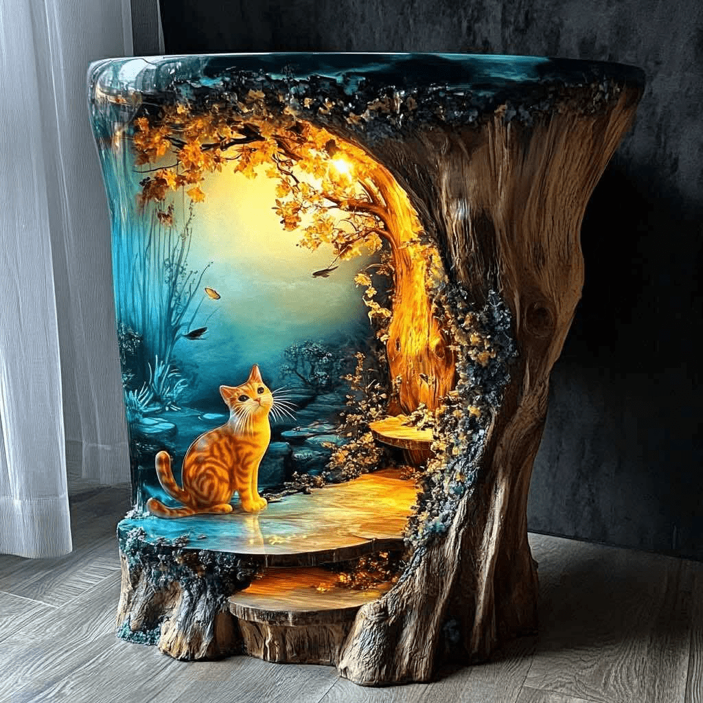 Cat-themed fantasy coffee table with autumn woodland path and glowing tree trunk design.