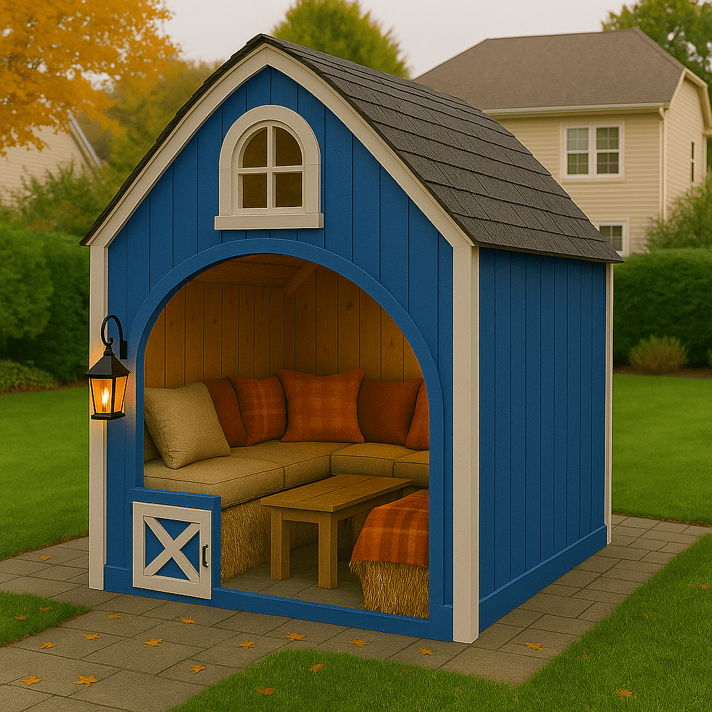 A classic blue barn pod with rustic seating, autumn cushions, and a glowing lantern on a garden patio.