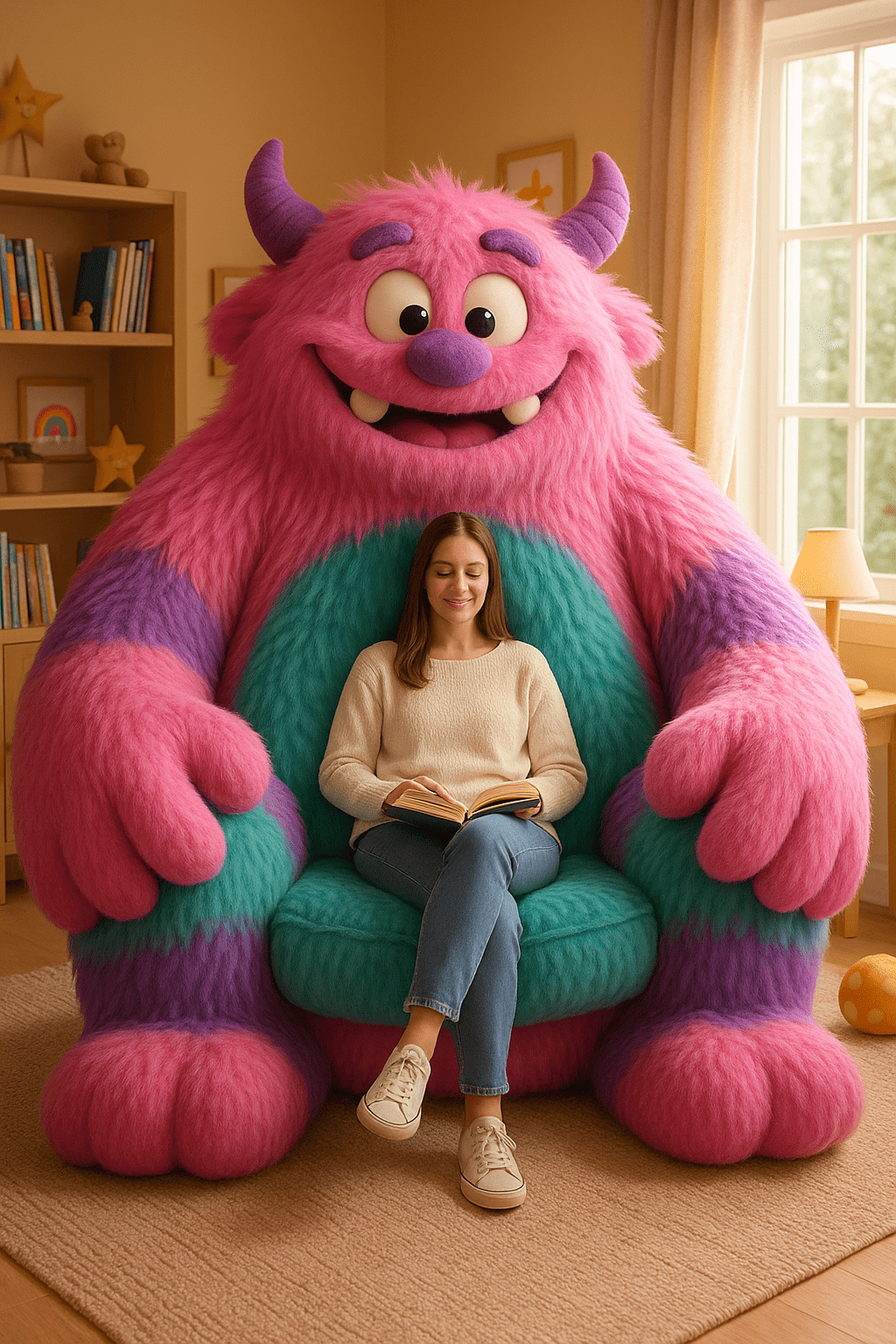 Giant pink monster hug chair with teal accents and woman reading inside