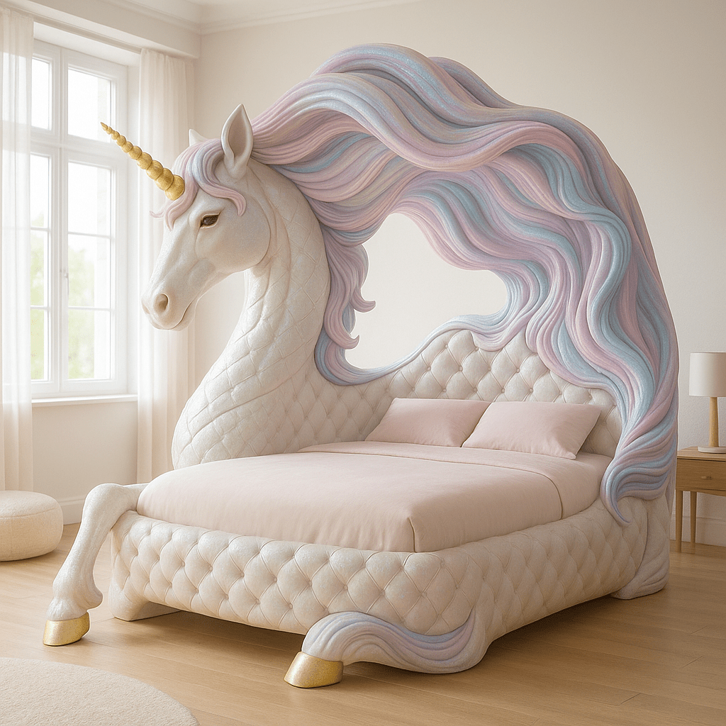 Unicorn-shaped bed with soft pastel pink, lilac, and blue tones for a fairy-tale bedroom