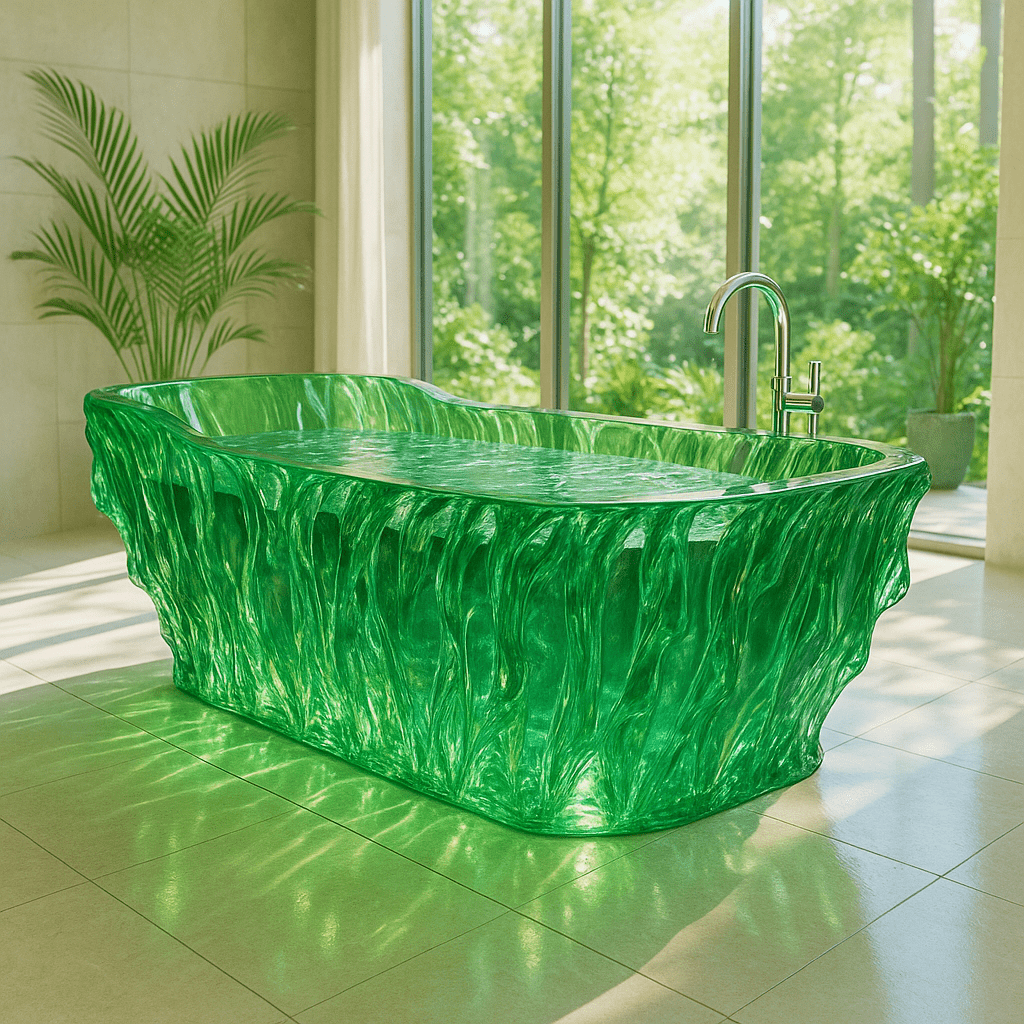 Stunning green elemental bathtub with flowing textures resembling leaves and wind.