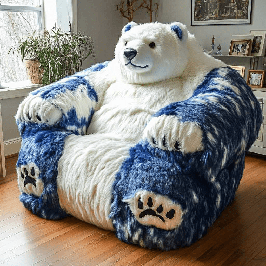 Fluffy oversized blue and white bear armchair in a modern living room with wooden flooring.