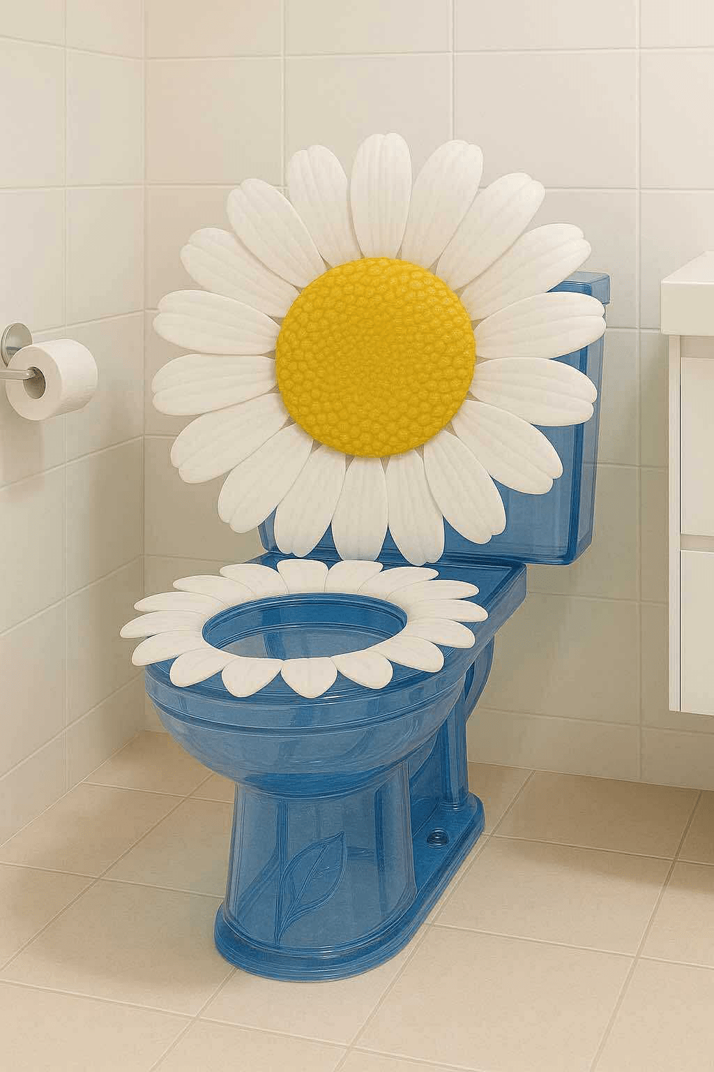 Blue and white daisy-shaped toilet with yellow centre and petal details