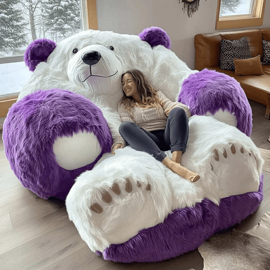 Woman relaxing on oversized purple and white bear armchair in cosy living room.