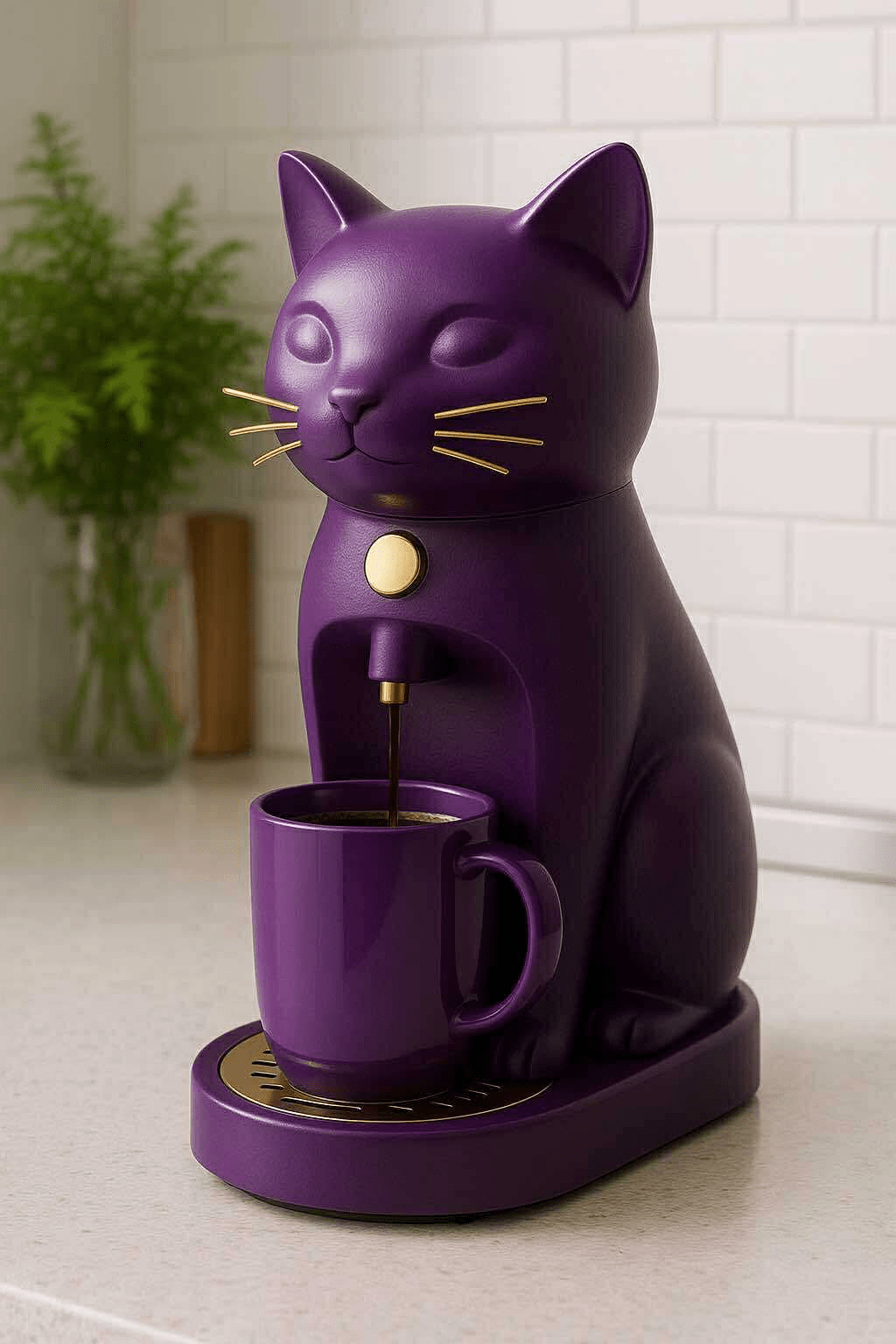 Purple cat coffee machine brewing coffee into a matching purple mug on a kitchen counter.