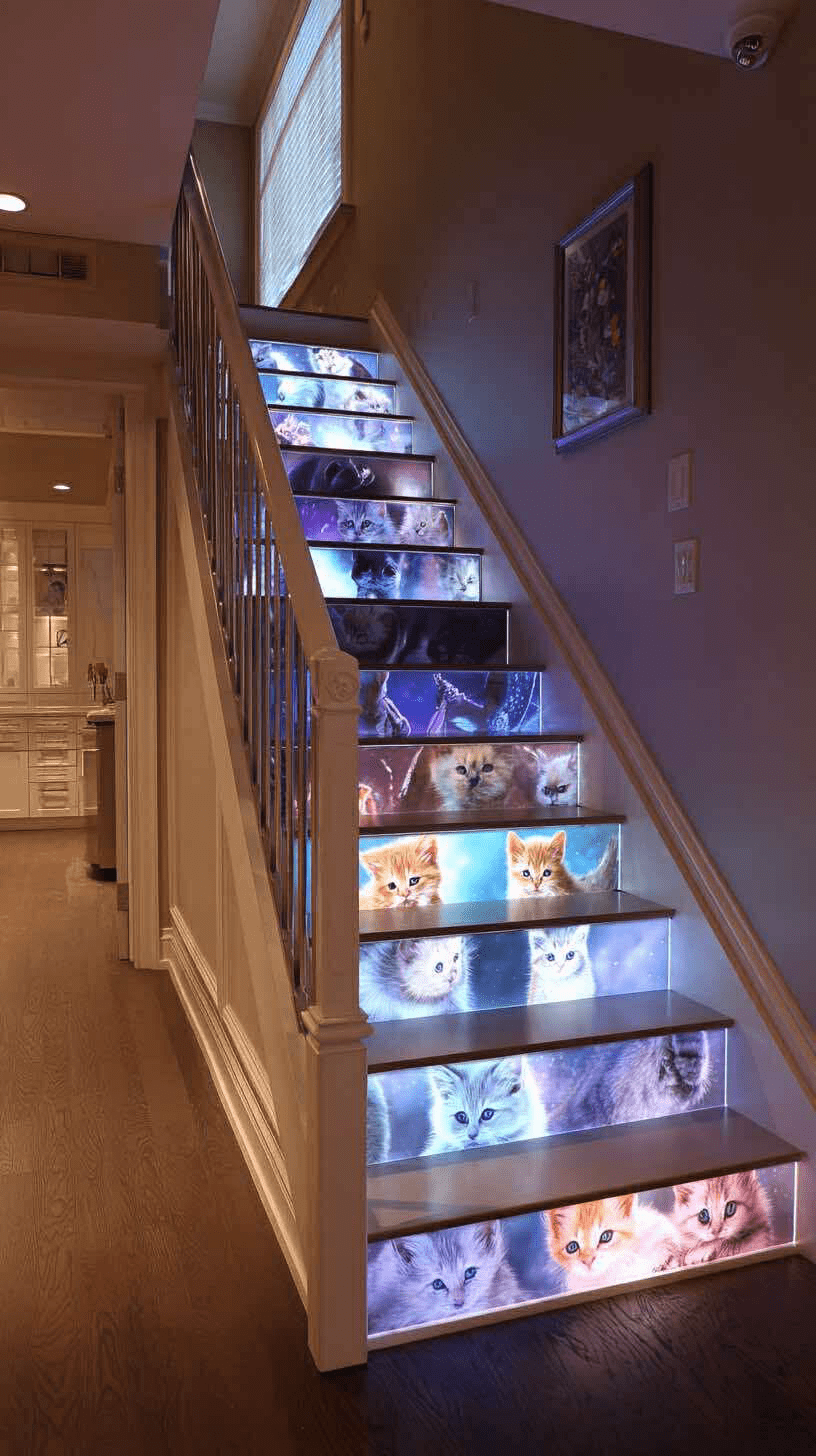 Staircase with glowing risers featuring realistic kitten portraits