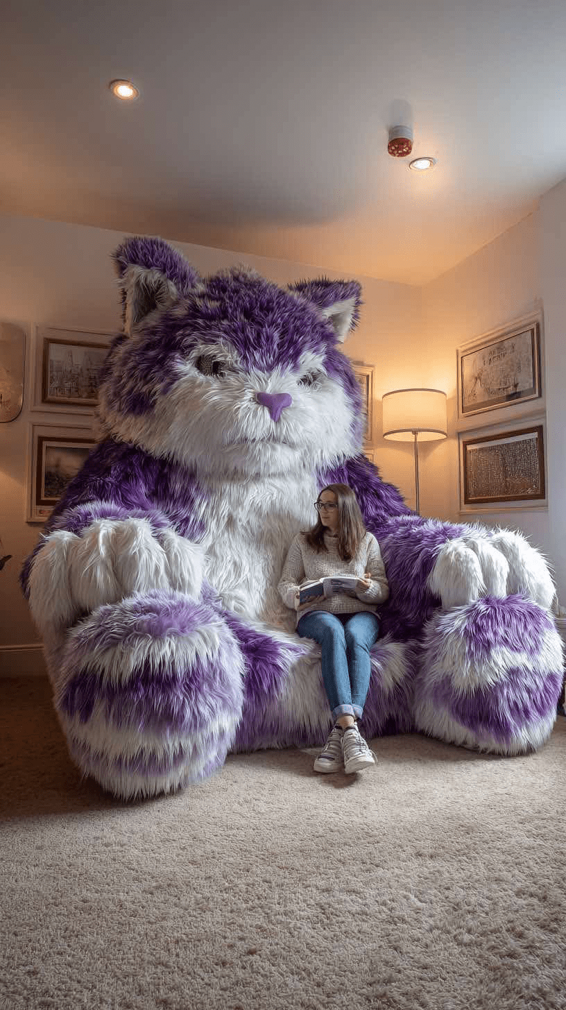 Giant purple and white oversized cat armchair with a person reading.