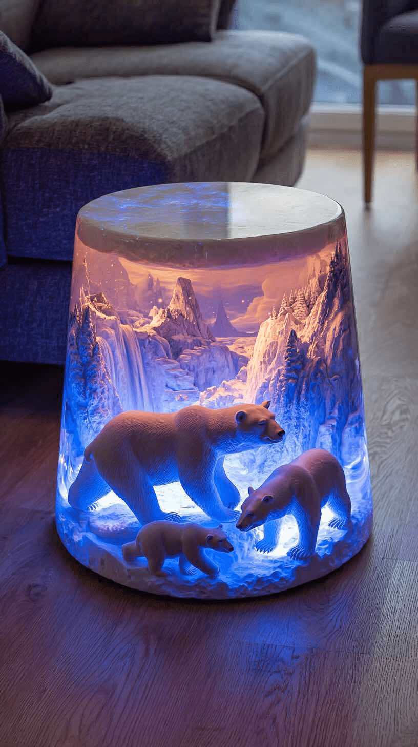 Glowing cylindrical table with sculpted polar bear family and icy mountain scene