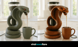 Burnt orange cobra-themed coffee maker pouring steaming coffee into a matching orange textured mug.