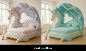 A collection of luxury unicorn beds in different colours, designed for fantasy-inspired bedrooms