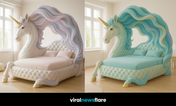A collection of luxury unicorn beds in different colours, designed for fantasy-inspired bedrooms