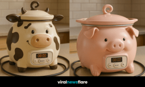 Collection of farmyard-inspired animal-shaped slow cookers including cow, pig, sheep, and chick