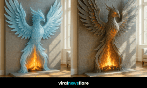 Elegant phoenix fireplace sculpture with roaring flames, blending myth and modern design.