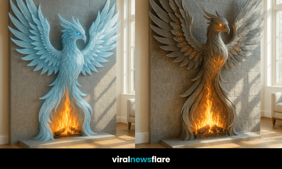 Elegant phoenix fireplace sculpture with roaring flames, blending myth and modern design.